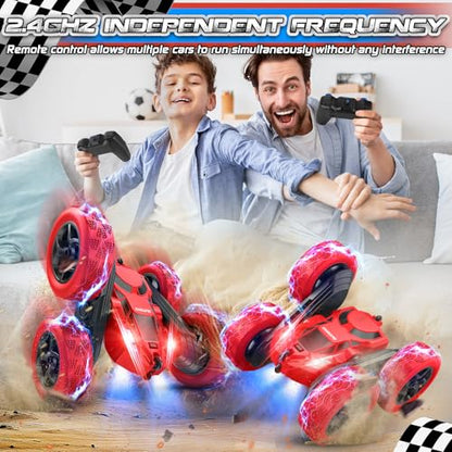 cosone Remote Control Car for Boys - Car Toy for Kids Age 6 7 8 9, 4WD 2.4Ghz Double Sided 360° Rotating RC Cars with Headlights, Christmas Birthday for Boys and Girls - Red - color: Red