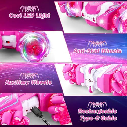 Spider Remote Control Car, Double Sided 360°Rotating USB Direct Charging RC Cars with Cool Lights, 2.4Ghz Drift RC Stunt Car, 360°Rotating 4WD Off-Road Race Toys for 4-12 Boy Girl Kids Gifts(Pink) - color: Pink