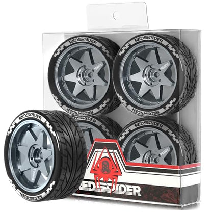 REDSPIDER 1/10 On Road Tires and Metal Wheels 12mm Hex RC Rally Racing Tyres OD 2.55" 4PCS for Tamiya TT01 TT02 XV01 TA06 A959 PTG2 HPI KYOSHO PTG2 Traxxas 1:10 Street Touring Drift Car (Titanium) - color: Titanium