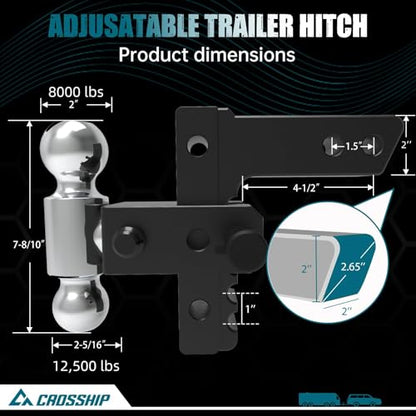 Adjustable Trailer Hitch - Heavy Duty Aluminum Drop Drawbar Hitch - Fits 2" Receiver, 6" Drop/Rise, for Truck, SUV, RV (12500 LBS GTW) - color: Black, size: 2" 6 Drop-Dual Ball