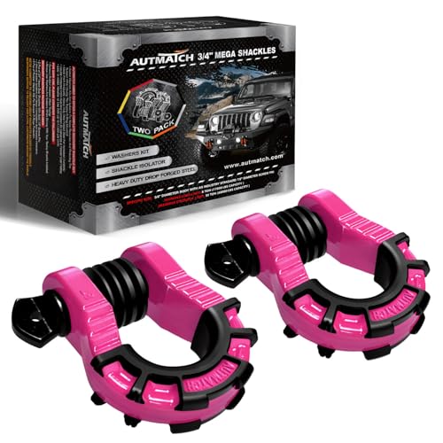 AUTMATCH D Ring Shackles 3/4" Mega Shackle (2 Pack) 68,000Ibs Break Strength - Heavy Duty Clevis Shackles with 7/8" Screw Pin and Isolator Washer for Tow Strap Winch Off Road Vehicle Recovery, Pink - color: Pink & Black