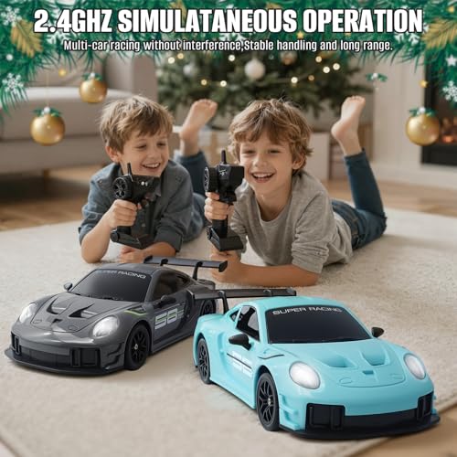 RC Drift Car, 1:24 4WD Remote Control Cars Vehicle with LED Light,2.4GHz 20KM/H High Speed RC Cars with Two Batteries & Drifting Tires Racing Sport Toy for Adults Boys Girls Kids Blue - color: Blue