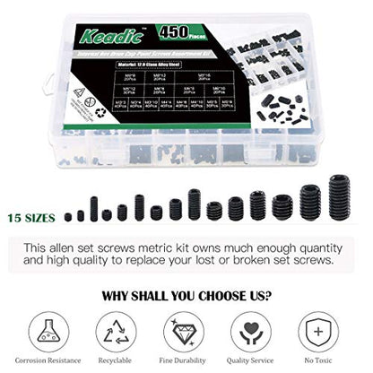 Keadic 450Pcs Internal Hex Drive Cup-Point Screw Assortment Kit - 15 Sizes Alloy Steel Hex Socket Set Cap Point Grub Screws, M3 M4 M5 M6 M8, Black - style: 450pcs Metric M3-M8 Cup Point Set Screw Kit