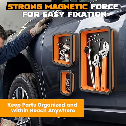MULWARK 4Pcs Collapsible Magnetic Tray with 15Lb Magnetic Pickup Tool, 3 Sizes Silicone Magnetic Parts Tray for Organizing Screw Bolts Nuts Washers Pins Repair Tools Workshop