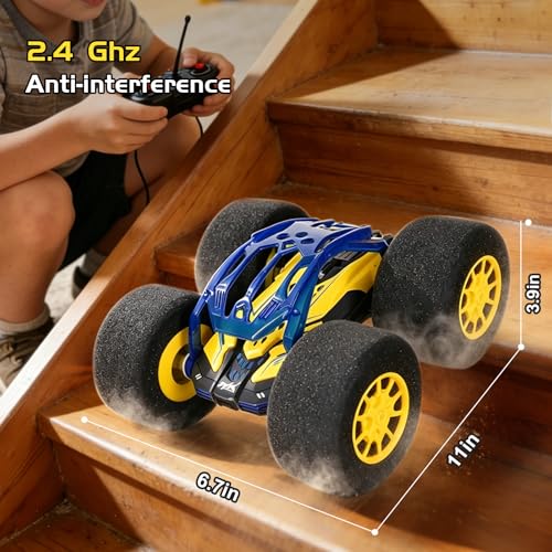 pinkking Indoor RC Car Stunt Remote Control Car Toys with Soft Wheels RC Cars for Kids with LED Headlight & Sponge Tires Crazy Stunts 360° Flips Double Sided Vehicle 2.4GHz RC for Boys Girls Gift - color: Yellow