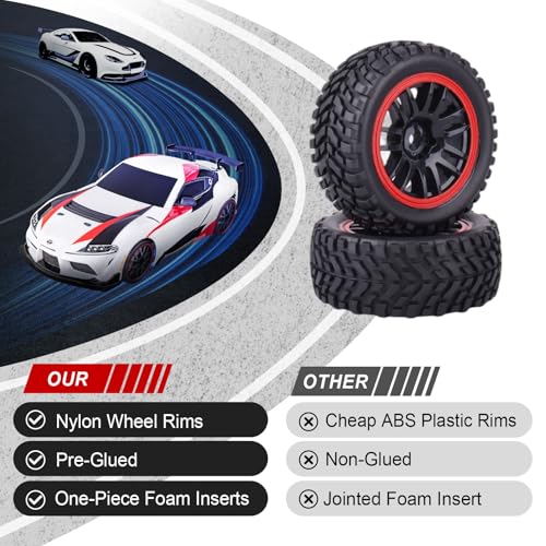 HobbyPark 2.55" Tall 12mm Hex PreGlued 1/10 RC Touring Car Wheels and Tires Set 1.02" 26mm Wide Soft Rubber for Tamiya HPI Traxxas Redcat Kyosho Brushless Motor 2S 3S Lipo (Style 1)