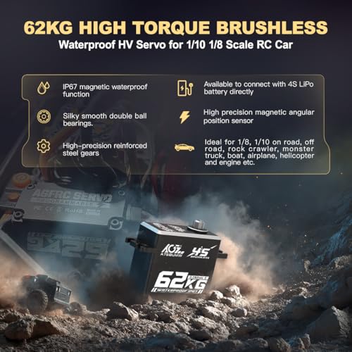 AGFRC 62KG 16.8V Waterproof Servo for 1/10 1/8 RC Cars (A75BUMW) | 0.092sec/60° @16.8V, Brushless Motor, Full Metal Gears, Digital, Programmable, Fits 1/10 & 1/8 RC Buggies / Trucks