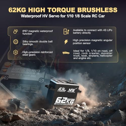 AGFRC 62KG 16.8V Waterproof Servo for 1/10 1/8 RC Cars (A75BUMW) | 0.092sec/60° @16.8V, Brushless Motor, Full Metal Gears, Digital, Programmable, Fits 1/10 & 1/8 RC Buggies / Trucks