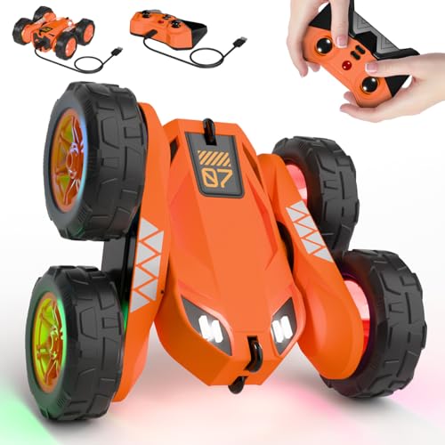 MaxTronic Fast Direct Charging Remote Control Car with LED，Exclusive Dual USB-C Charging for Car & Controller - 2.4Ghz 15km/h 360° Flips Rotations 4WD RC Stunt Car Fully Rechargeable for Kids 3-12 - color: Orange
