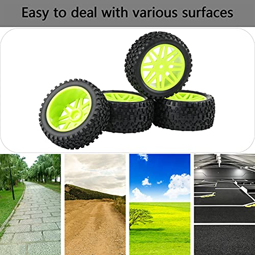 RC Tires Wheels Set, Green, 1/10 Scale, 12mm Hex | Compatible with Traxxas Rustler Stampede Slash Bandit, Front & Rear, Off-Road Tires for RC Car - color: Green