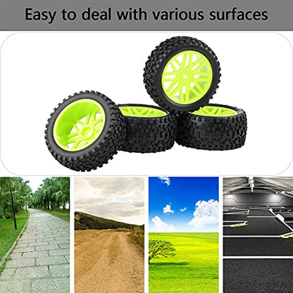 RC Tires Wheels Set, Green, 1/10 Scale, 12mm Hex | Compatible with Traxxas Rustler Stampede Slash Bandit, Front & Rear, Off-Road Tires for RC Car - color: Green