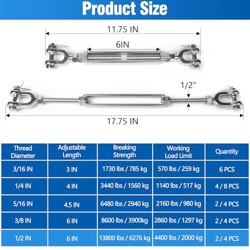 2 PCS M12 Turnbuckle 1/2" 304 Stainless Steel Jaw and Jaw Turnbuckle Tensioner, Heavy Duty Cable Tensioner, 4400 LBS Working Load Limit, Adjustable Turnbuckles for Cables Wire, Clothesline, Shade Sail - size: 1/2"-2 Pack