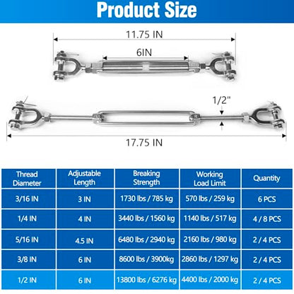 2 PCS M12 Turnbuckle 1/2" 304 Stainless Steel Jaw and Jaw Turnbuckle Tensioner, Heavy Duty Cable Tensioner, 4400 LBS Working Load Limit, Adjustable Turnbuckles for Cables Wire, Clothesline, Shade Sail - size: 1/2"-2 Pack