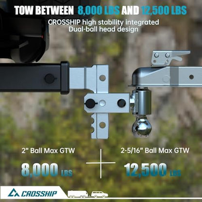 Adjustable Trailer Hitch - Heavy Duty Aluminum Drop Drawbar Hitch - Fits 2.5" Receiver, 6" Drop/Rise with 2" & 2-5/16" Solid Dual Balls 18,500 LBS GTW- for Truck, SUV, RV - color: Silver, size: 2.5" 6 Drop-Dual Ball