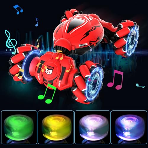 Fosgoit RC Car Toys for Boys Girls 6-12, Birthday Xmas Gifts for 6 7 8 9 10 11 12 Years Old, Gesture Sensing RC Stunt Car with Lights Music 2.4GHz 4WD Hand Remote Control 360° Rotate All-Round Drift - color: Red-black