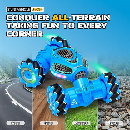 Gesture Sensing RC Stunt Car - Boys Toys Age 6-12, 4WD Hand Controlled Remote Control Drift Twist Offroad 360° Rotation Car with Light & Music, Cool Birthday Presents and Ideas Gifts for Kids Blue - color: Blue