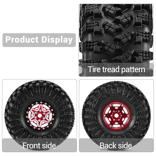 1.9" Beadlock Wheels and Tires 120mm (4.72in) for SCX10, TRX4, and 1/10 RC Crawlers, CNC Aluminum Alloy Rims, Soft Tires with Foam Inserts, Tool Included (Red+W tires) - color: Red+W tires