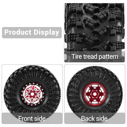 1.9" Beadlock Wheels and Tires 120mm (4.72in) for SCX10, TRX4, and 1/10 RC Crawlers, CNC Aluminum Alloy Rims, Soft Tires with Foam Inserts, Tool Included (Red+W tires) - color: Red+W tires