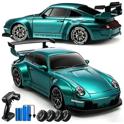 RC Drift Car, 1:24 Scale Remote Control Vehicle with LED Lights,Drifting Tires＆Two Batteries, Racing Sports Toy Idea Gift for Adults Boys Girls and Kids (Lake Blue) - color: Lake Blue