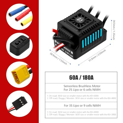 Waterproof S3650 4300KV Brushless Motor 3.175mm Shaft with 60A Brushless ESC Electric Speed Controller Combo Set with Heatsink and Programming Card for 1/10 Remote Control Car Truck, Blue - size: 4300KV Motor&60A ESC&Heatsink&Programming Card