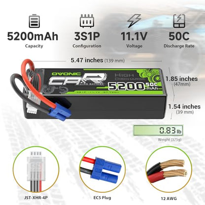 OVONIC 3S Lipo Battery 50C 5200mAh 11.1V Lipo Battery with EC5 Connector for Arrma 1/5 1/8 1/10 RC Car and Truck