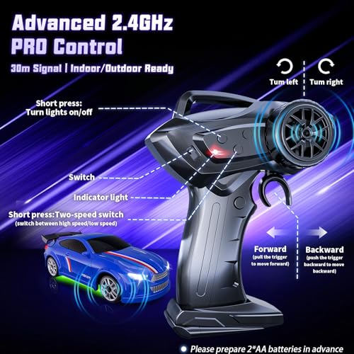 Mini RC Car 1:64 Scale, Remote Control Desktop Car for Kids & Adults | 2.4GHz RC Drift Car with LED Lights & 2 Speeds, Includes 4 Obstacles & Track Mat, Hobby Gift for Boys, Blue - color: Blue