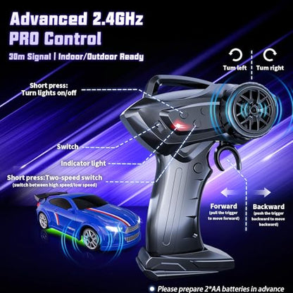 Mini RC Car 1:64 Scale, Remote Control Desktop Car for Kids & Adults | 2.4GHz RC Drift Car with LED Lights & 2 Speeds, Includes 4 Obstacles & Track Mat, Hobby Gift for Boys, Blue - color: Blue