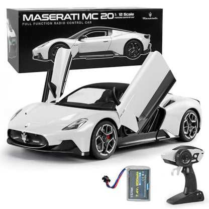 MIEBELY Licensed Maserati MC20 1:12 RC Car Openable Doors 2.4Ghz | Licensed Maserati MC20 | 1:12 open doors | 2.4Ghz anti-interfere | 7.4V removable battery | Tough ABS | LED lights