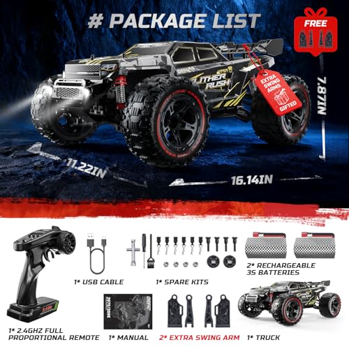DEERC 1:10 Fast Brushless RC Car for Adults, 60+ KMH, 2 x 3S Batteries | High Speed 4WD Off-Road Remote Control Truck with & Extra Swing Arms, Hobby Grade Racing Car, RC Crawler Gift, 209E