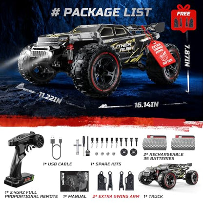 DEERC 1:10 Fast Brushless RC Car for Adults, 60+ KMH, 2 x 3S Batteries | High Speed 4WD Off-Road Remote Control Truck with & Extra Swing Arms, Hobby Grade Racing Car, RC Crawler Gift, 209E