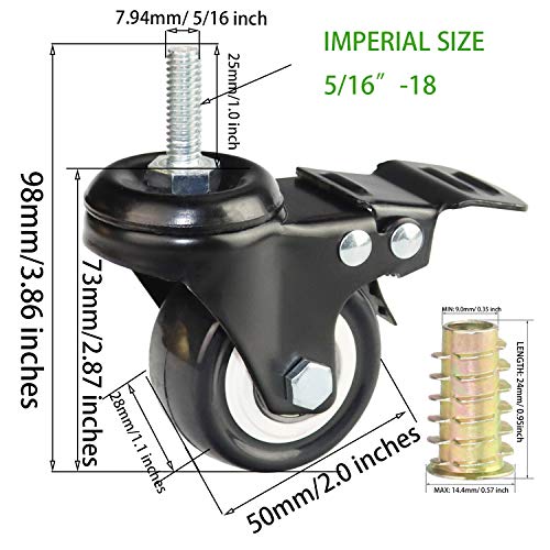 2 Inch Stem Casters, DICASAL Double Brakes Black PU Imperial Inch 5/16"-18x1 Screw Thread 360° Swivel Caster Wheels for Furture Carts DIY Stands 4 Pack - style: 2 Inch