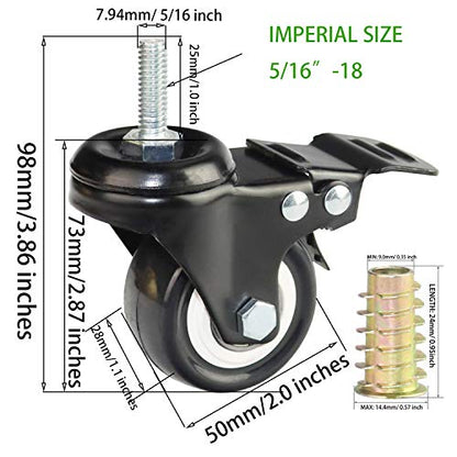 2 Inch Stem Casters, DICASAL Double Brakes Black PU Imperial Inch 5/16"-18x1 Screw Thread 360° Swivel Caster Wheels for Furture Carts DIY Stands 4 Pack - style: 2 Inch