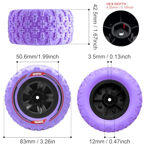 GOUPRC 12mm Hex RC Wheel Tires with Hood Pins Retainer Lock Clip Kit, 3.26 * 1.67 Inches 4PCS Swamp Claw Mud Terrain Tires Accessories for 1/14 1/16 RC Car Crawler Buggy Truck - color: Purple With Retainers