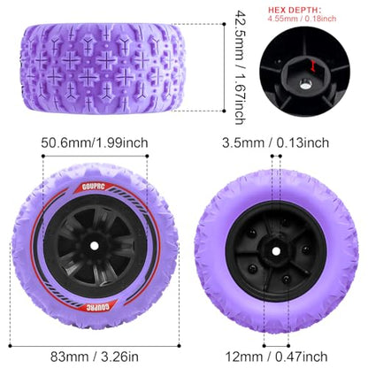 GOUPRC 12mm Hex RC Wheel Tires with Hood Pins Retainer Lock Clip Kit, 3.26 * 1.67 Inches 4PCS Swamp Claw Mud Terrain Tires Accessories for 1/14 1/16 RC Car Crawler Buggy Truck - color: Purple With Retainers