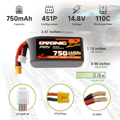 OVONIC 4S 750mAh Lipo Battery 14.8V 110C Battery with XT30 Plug for RC Car Truck RC Vehicles Boat Drone RC Airplane Quadcopter Helicopter FPV Racing Hobby Models [1 Package Including 2 Batteries]