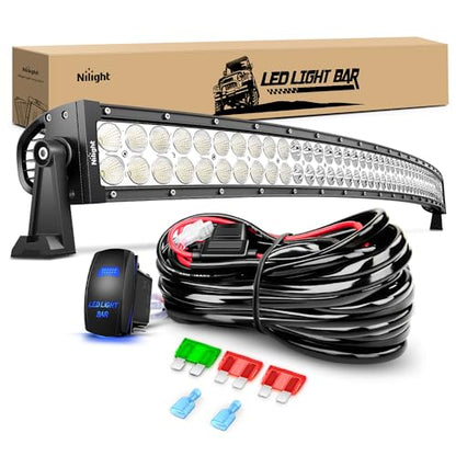 Nilight 50Inch 288W Curved Spot Flood Combo Led Light Bar Off Road Driving Lights Boat Lights Fog Light 12V On/Off 5 Pin Rocker Switch Power 12AWG Wiring Harness Kit-1 Lead for Trucks,2 Years Warranty - size: 50Inch 288W Light Bar +Wiring Harness