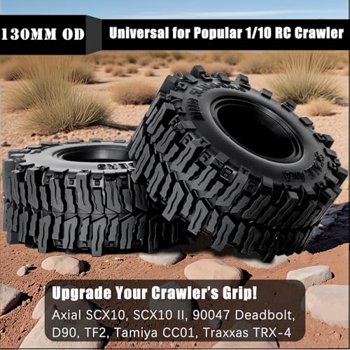 2.2 Crawler Tires – 1/10 RC Crawler Mud Terrain Super Grip Soft Rubber Tyre for RC Crawlers，OD 130mm x 55mm，2.2 Mud Tires Compatible with Traxxas TRX4, Axial SCX10, 90047, D90, TF2, Tamiya CC01 (4pcs)