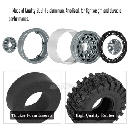 RC 1.9 Beadlock Rims & Wheels Tires w/Adjustable Offset for 1/10 SCX10 TRX4 TRX6 Gen7/8 D90 VS4-10 MST CFX RC Crawler Car,BRCatWPark 4pcs Aluminum Double Rims and Rubber Tires w/Sponge,Titanium - color: Titanium - (Adjustable Tires)