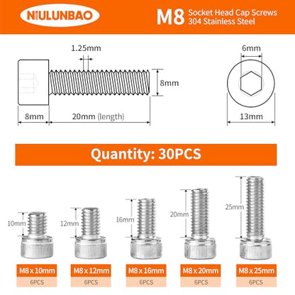 M8 x 10mm 12mm 16mm 20mm 25mm Hex Socket Head Cap Screws Bolts, 304 Stainless Steel, Metric Fully Threaded, Machine Allen Hex Drive, Bright Finish, Assortment Kit 30PCS - size: M8 x 10/12/16/20/25mm (30PCS)