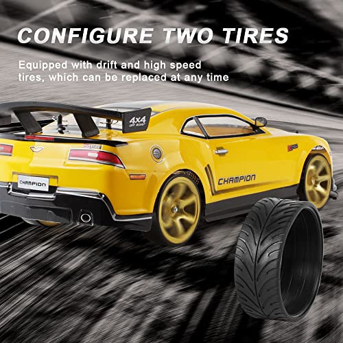 RC Buggy 70km/H High-Speed Drift Racing 2.4G 4WD Electric RC Vehicle RC Flat Running Drift Rally Racing Rubber Tire RC Truck Gift Replacement Tires,2 Batteries - color: Yellow