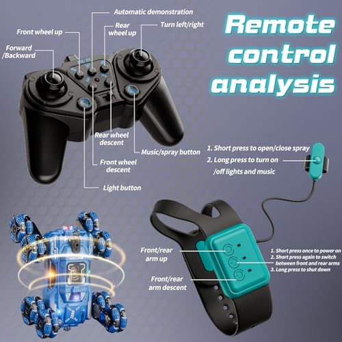 Cool 8-Wheel Gesture RC Stunt Car, 2.4GHz Climbing Toy for Ages 6-14 | 8-Wheel Double-Sided Climbing Vehicle, Gesture & Remote Dual Control, Built-in Lights and Music, Transformable Drift RC Car - color: Blue
