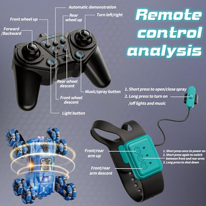 Cool 8-Wheel Gesture RC Stunt Car, 2.4GHz Climbing Toy for Ages 6-14 | 8-Wheel Double-Sided Climbing Vehicle, Gesture & Remote Dual Control, Built-in Lights and Music, Transformable Drift RC Car - color: Blue