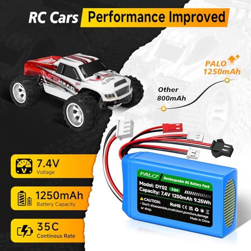 2 Pack 7.4V 2S Lipo SCX24 Battery 35C(Brust 70C) 1200mAh Batteries with PH2.0 JST SM2.0 MX2.0 Plug Connector Fit for Axial SCX24 Most 1/10, 1/16, 1/18, 1/24 Scale RC Crawler RC Car, Truck, Boat, Drone