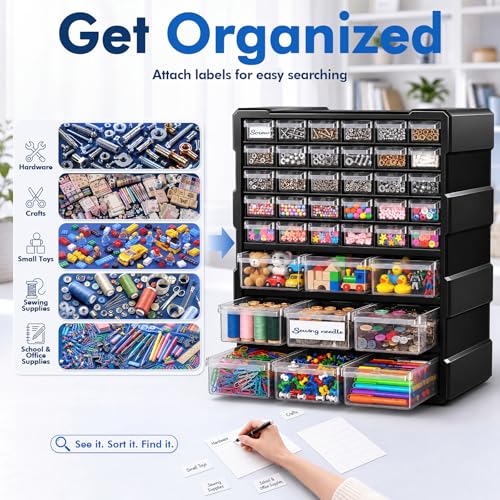 Drawer Organizer for Garage Building Bricks Storage,Thicker Craft Organizers Storage with Dividers Labels for Hardware,Screws,Nuts Bolts,Teacher Toolbox,Charms,Beads,Craft,Scrapbook - size: 39 Drawer