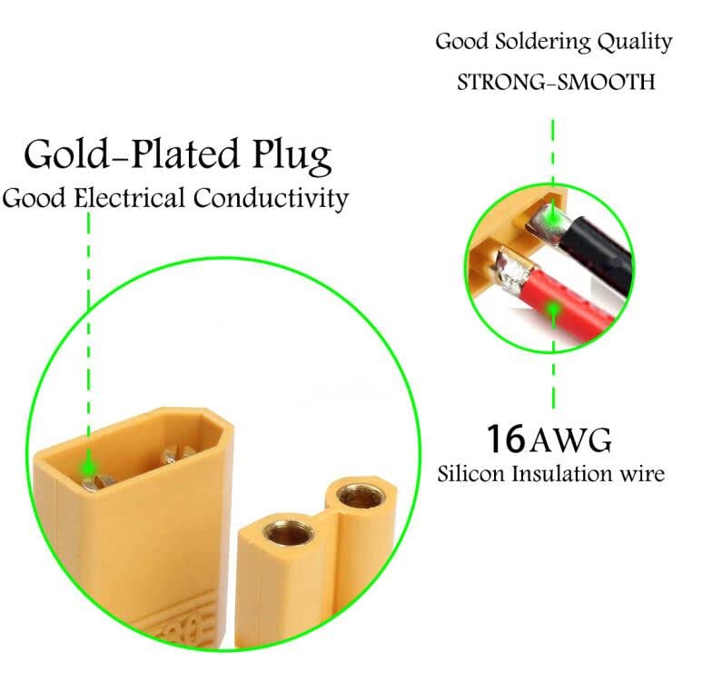 XT30 Pigtail,XT30 Male and Female Plug,XT30 Connector Adapter | with 10cm 16AWG Silicone Wire for RC Lipo Battery FPV Racing Drone, 5 Pairs - size: XT30