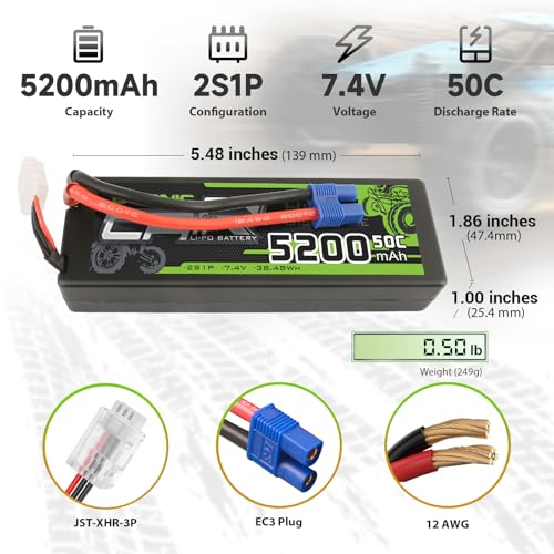 OVONIC Lipo Battery 5200mAh 50C 7.4V 2S RC Battery with EC3 Connector for RC Plane DJI Quadcopter RC Airplane RC Helicopter RC Car Truck Boat 2pcs(with Lipo Voltage Checker)