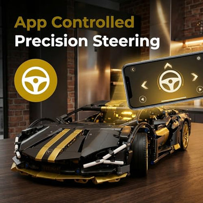 RC Car Building Kit, 1:14 App Control Car Kit with LEDs | car kit with 790+ pieces, opening doors, LED lights, app control, and responsive driving; built for solo projects. - color: Black and Gold