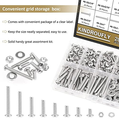 202 Pieces #8-32x 1/4", 5/16", 3/8", 1/2", 5/8", 3/4", 1", 1-1/4", Phillips Pan Head Machine Screws Nuts Washers Assortment Kit, 304 Stainless Steel, Fully Machine Thread - size: #8-32