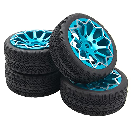 ShareGoo Metal Wheel Rims with Rubber Tire RC 12mm Hex Compatible with HSP Tamiya Kyosho RedCat Sakura WLtoys 1/10 RC On-Road Racing Touring Car (Blue) - color: Blue