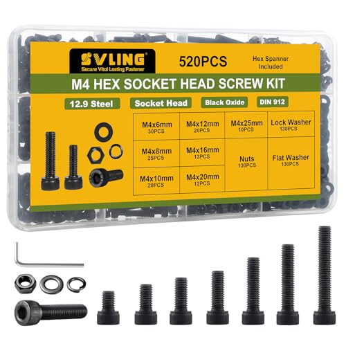 520Pcs M4 Screws Assortment Kit,Hex Socket Head Cap Screws Bolts Nuts Washer Set,12.9 Grade Alloy Steel,Black Oxide M4 x 6/8/10/12/16/20/25mm,for 3D Printer,DIY Project - size: M4 520PCS Socket Black